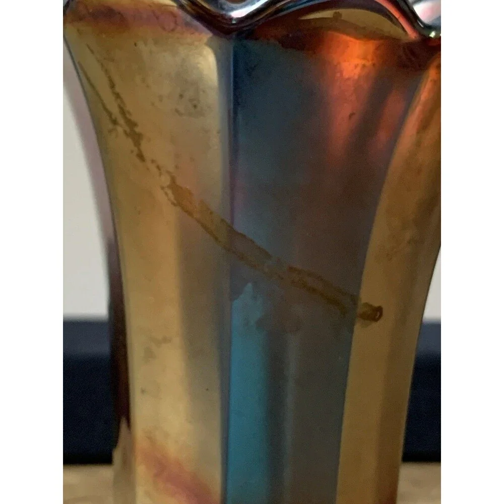Vintage Concave Flute Carnival Glass Vase 8” By Westmoreland MCM Decorative READ